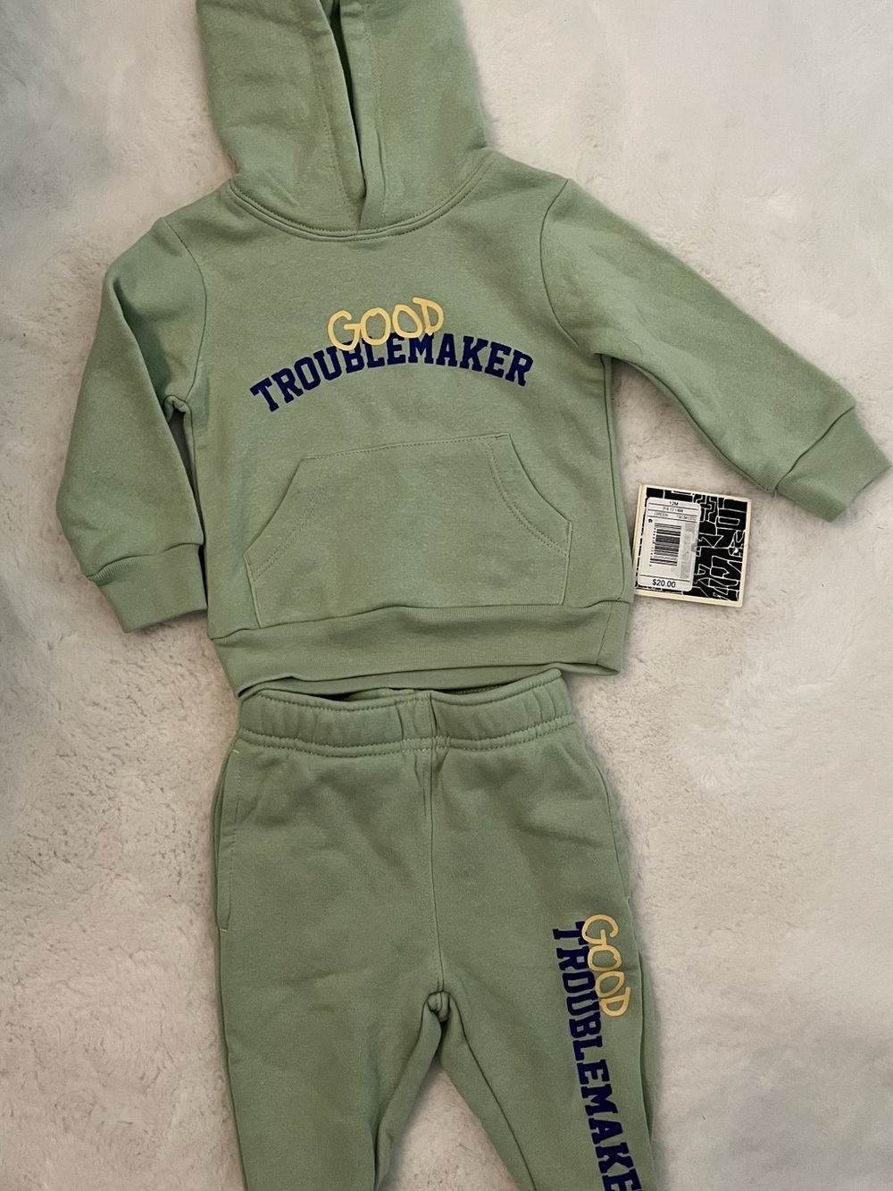 Kids Sage Green Hoodie & Joggers Set - "Good Troublemaker"